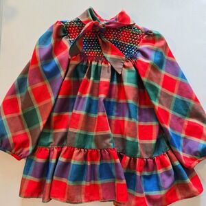 Vintage Polly Flinders Smocked Plaid Dress‎ Peter Pan Collar Ruffle Skirt 4T